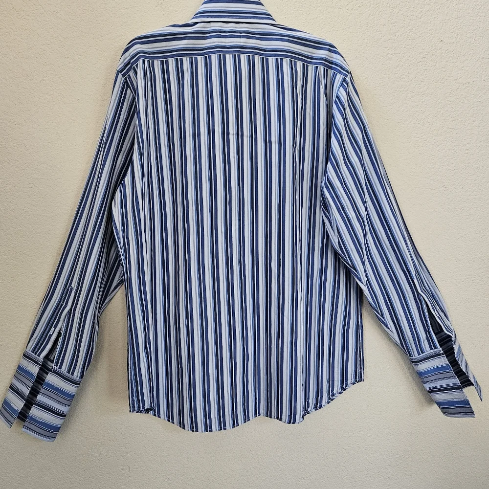 Banana Republic Men's Sz L Dusty Blue White Navy Stripe Button Up Shirt Long EUC
